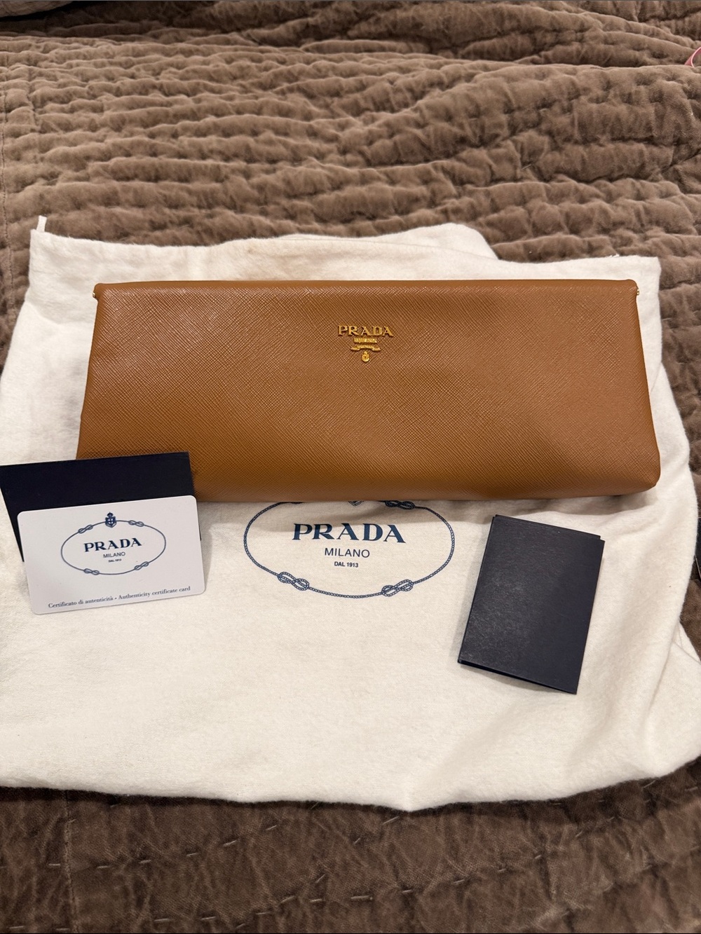 Prada Tan Saffiano Leather Clutch with Gold Logo